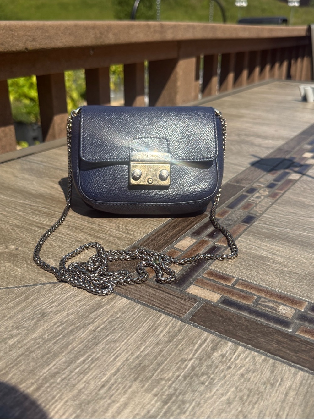 EUC Furla Metropolis Mini Crossbody Bag Navy Blue Leather Silver Chain